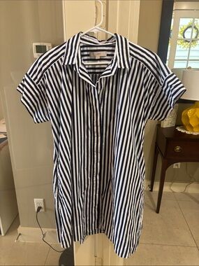 LOFT Navy and White Vertical Stripe Button-Front Shirt Dress